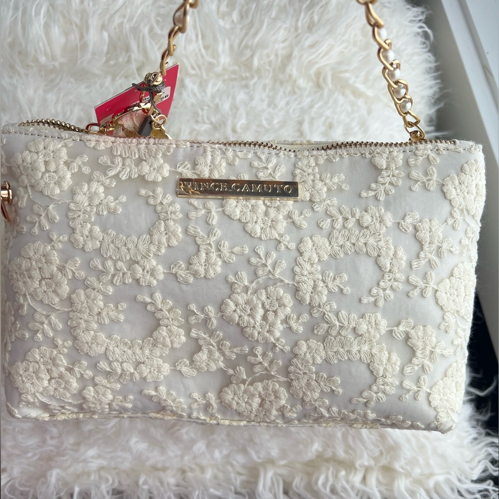 Vince Camuto Ivory Lace Wristlet with Gold Chain